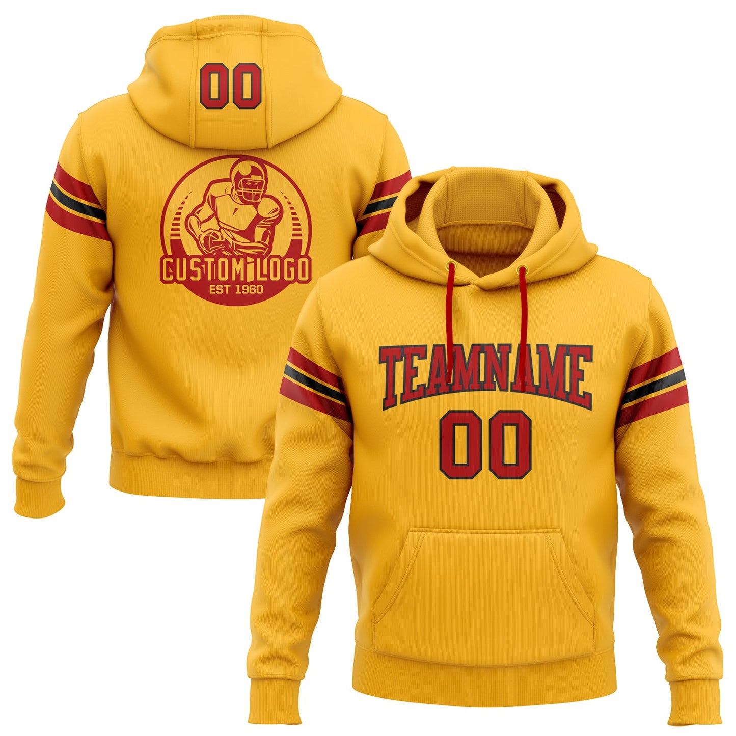 Custom Stitched Gold Red-Black Football Pullover Sweatshirt Hoodie - Main View