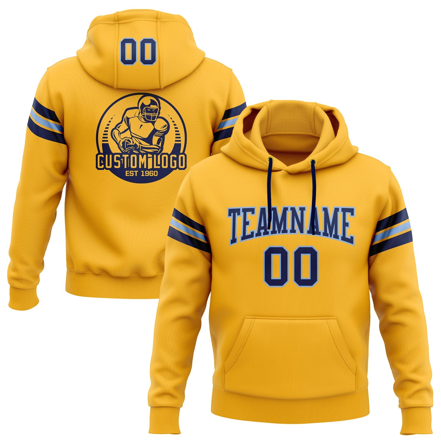 Custom Stitched Gold Navy-Light Blue Football Pullover Sweatshirt Hoodie - Main View