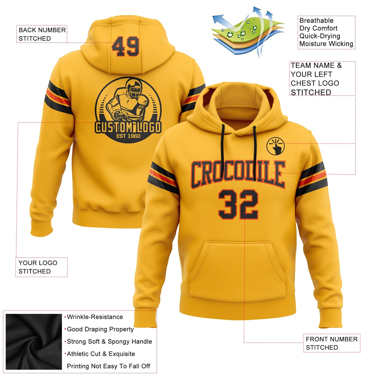Custom Stitched Gold Black-Orange Football Pullover Sweatshirt Hoodie view 2