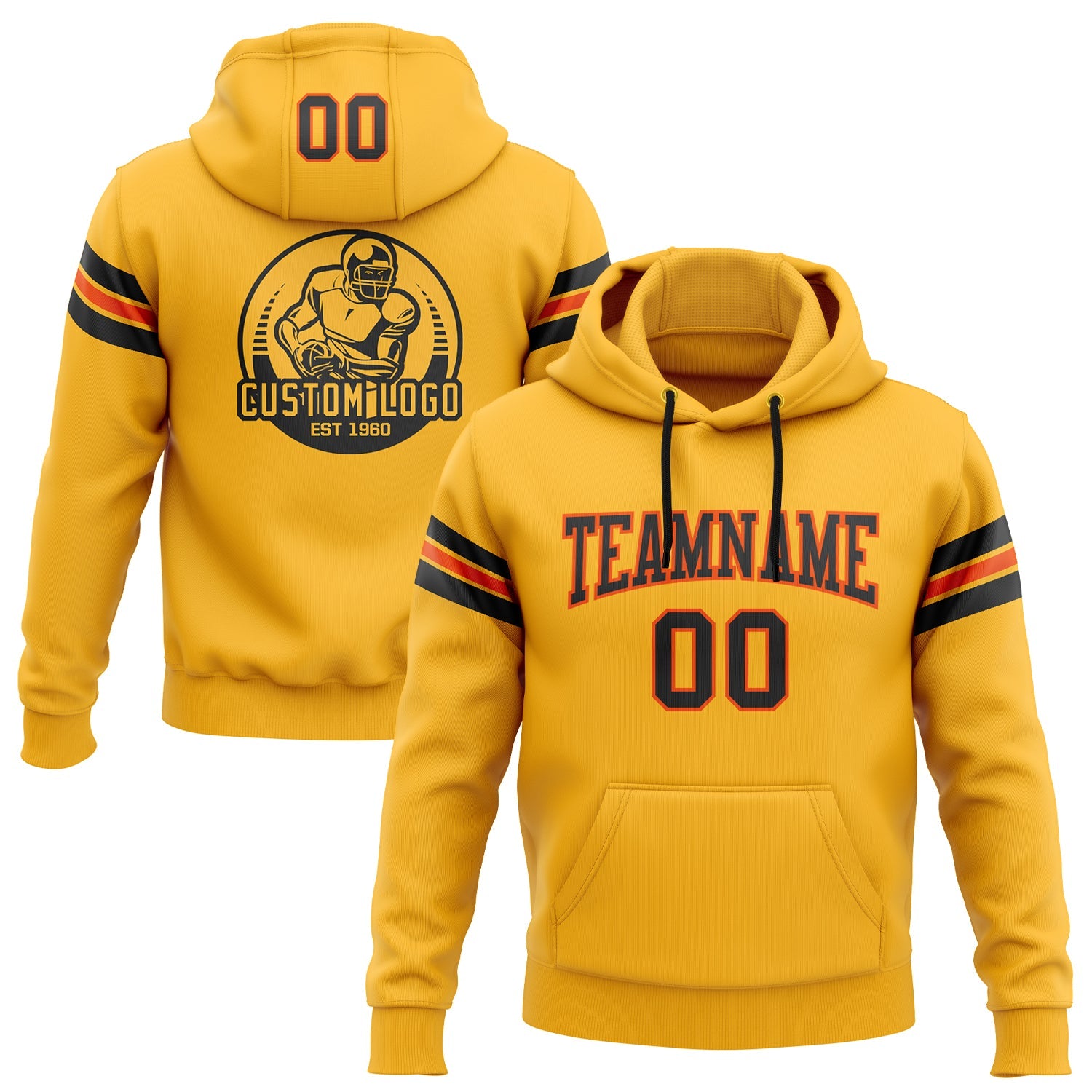 Custom Stitched Gold Black-Orange Football Pullover Sweatshirt Hoodie - Main View