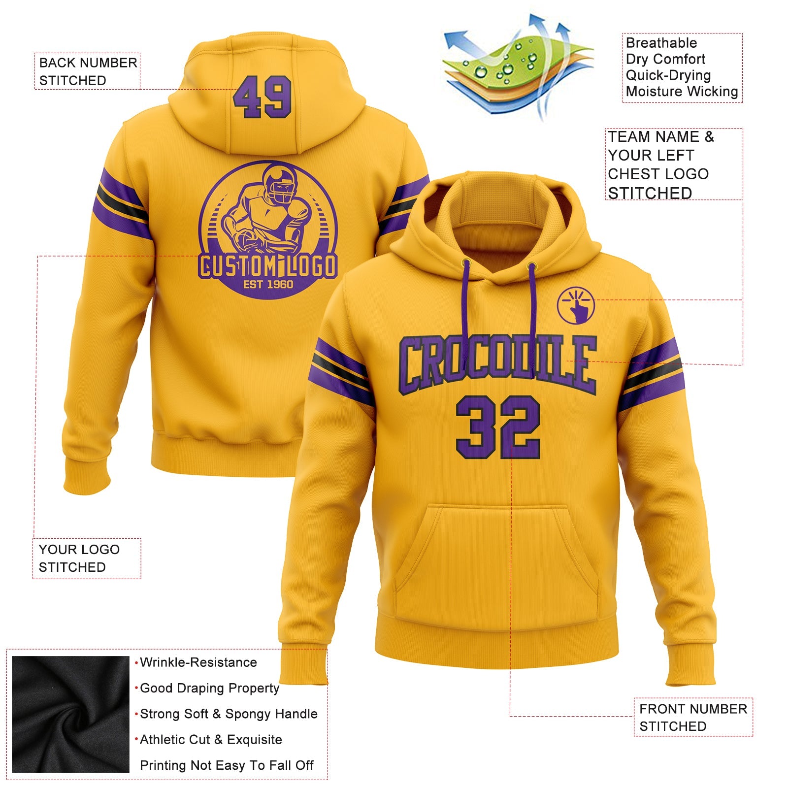 Custom Stitched Gold Purple-Black Football Pullover Sweatshirt Hoodie view 2