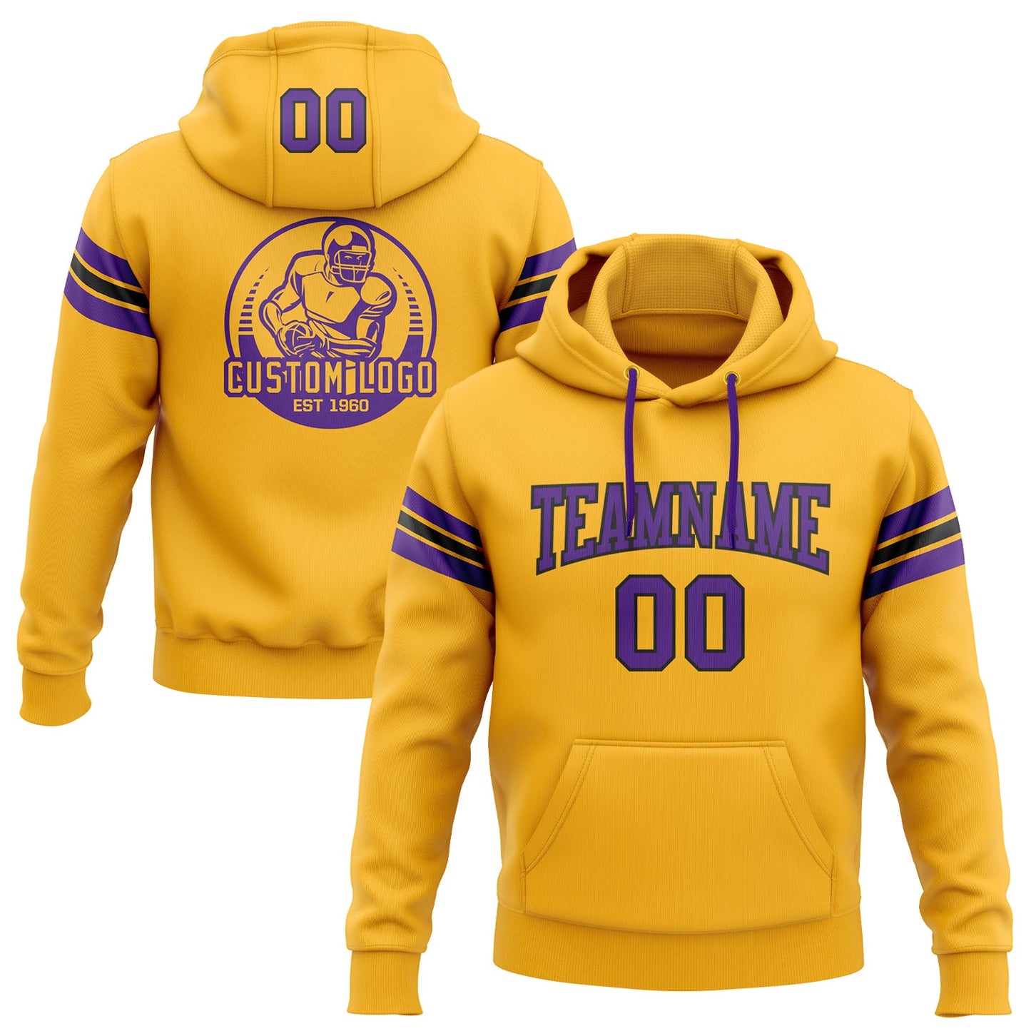 Custom Stitched Gold Purple-Black Football Pullover Sweatshirt Hoodie - Main View