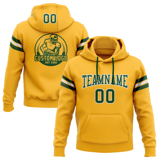 Custom Stitched Gold Green-White Football Pullover Sweatshirt Hoodie - Main View