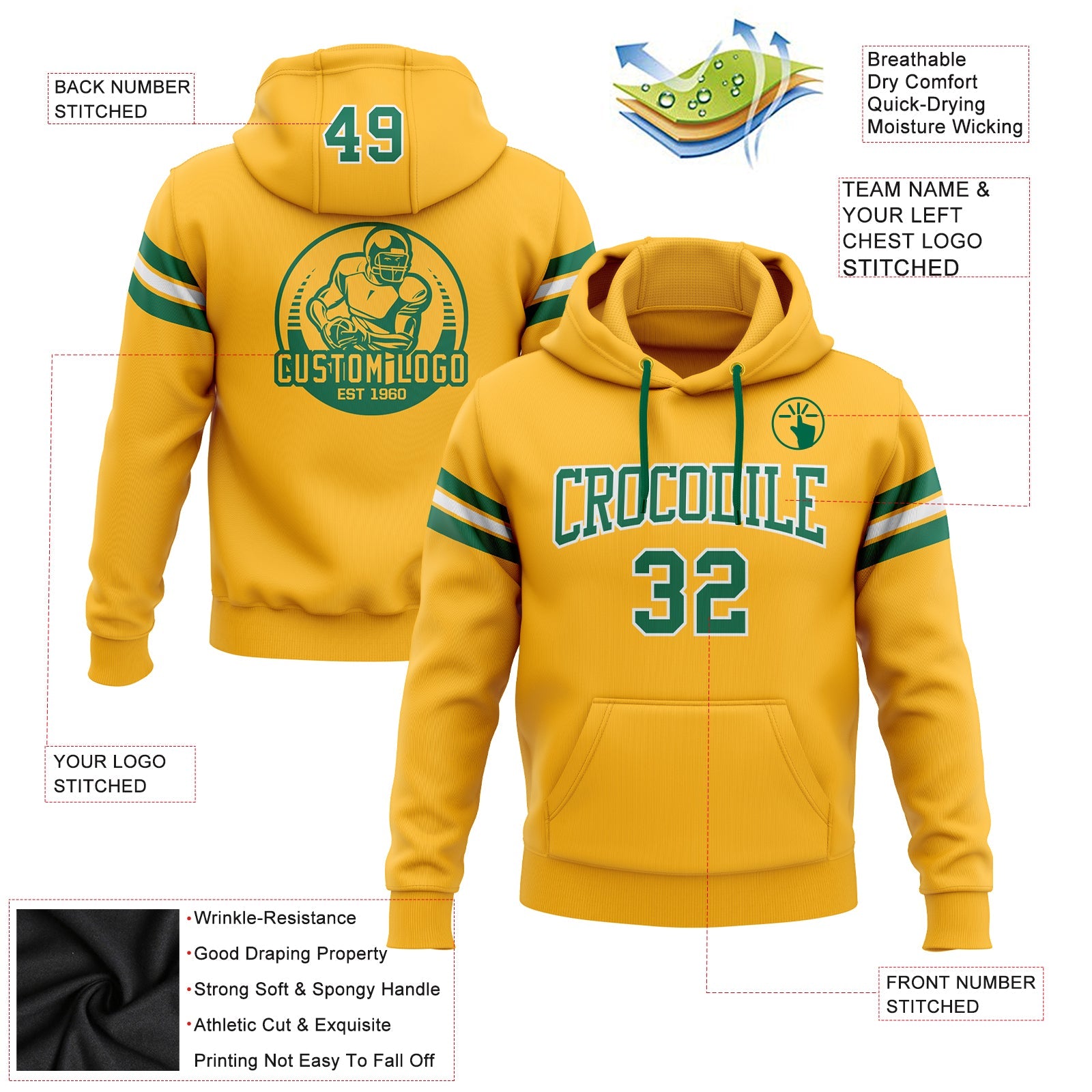 Custom Stitched Gold Kelly Green-White Football Pullover Sweatshirt Hoodie view 2