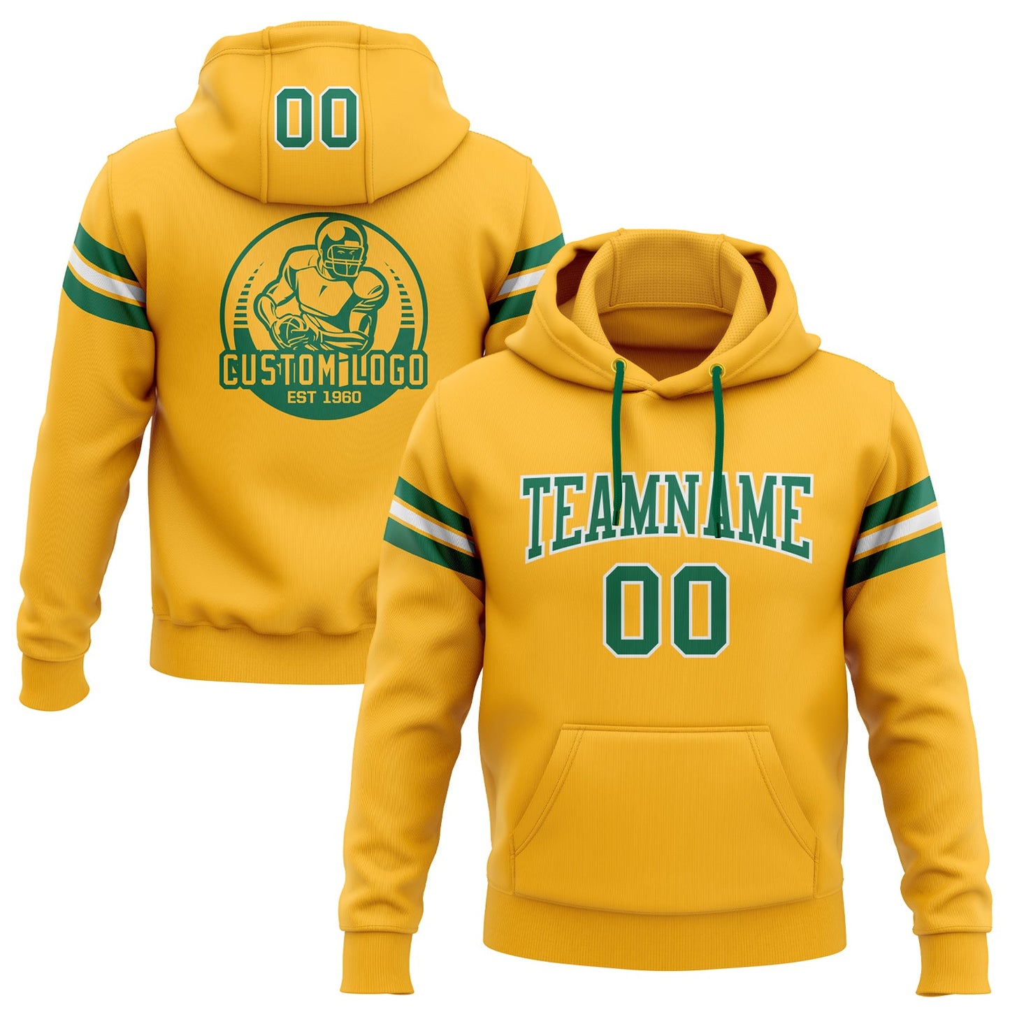Custom Stitched Gold Kelly Green-White Football Pullover Sweatshirt Hoodie - Main View