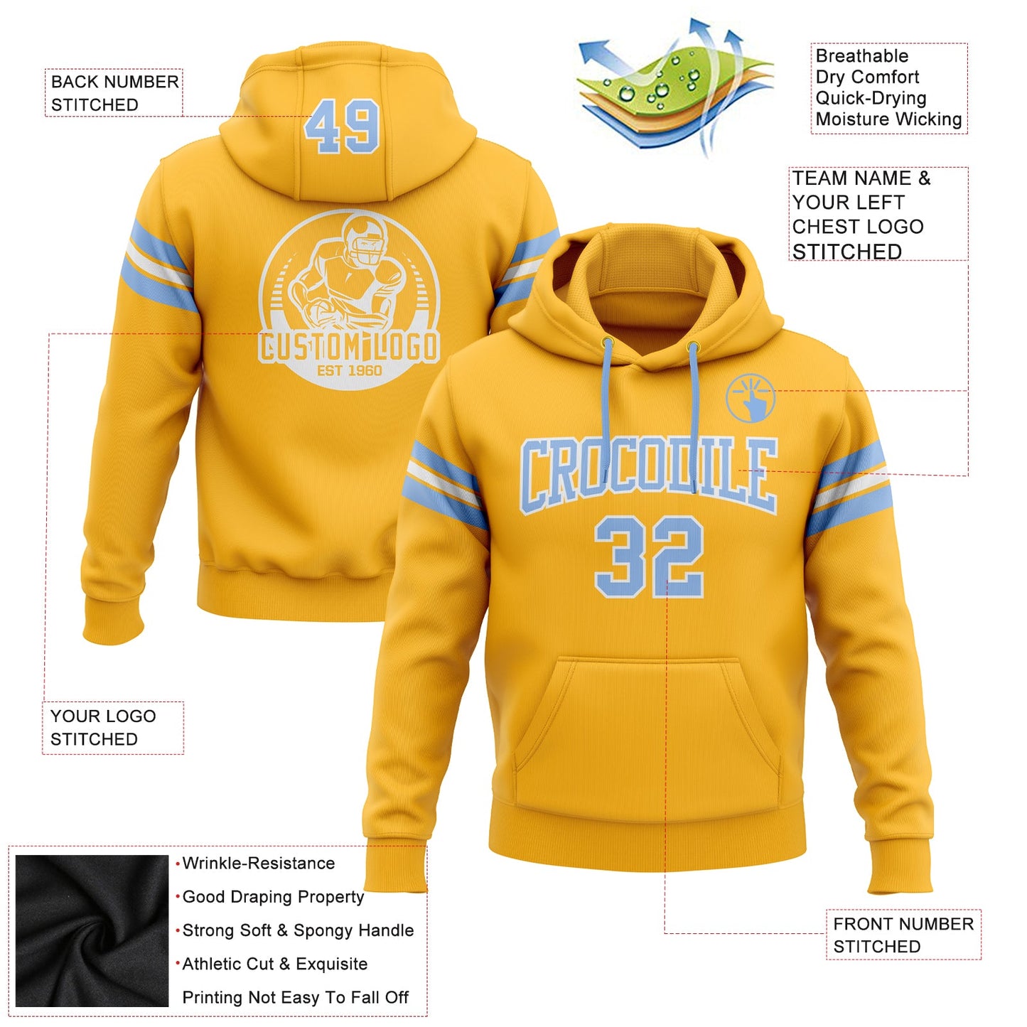 Custom Stitched Gold Light Blue-White Football Pullover Sweatshirt Hoodie view 2