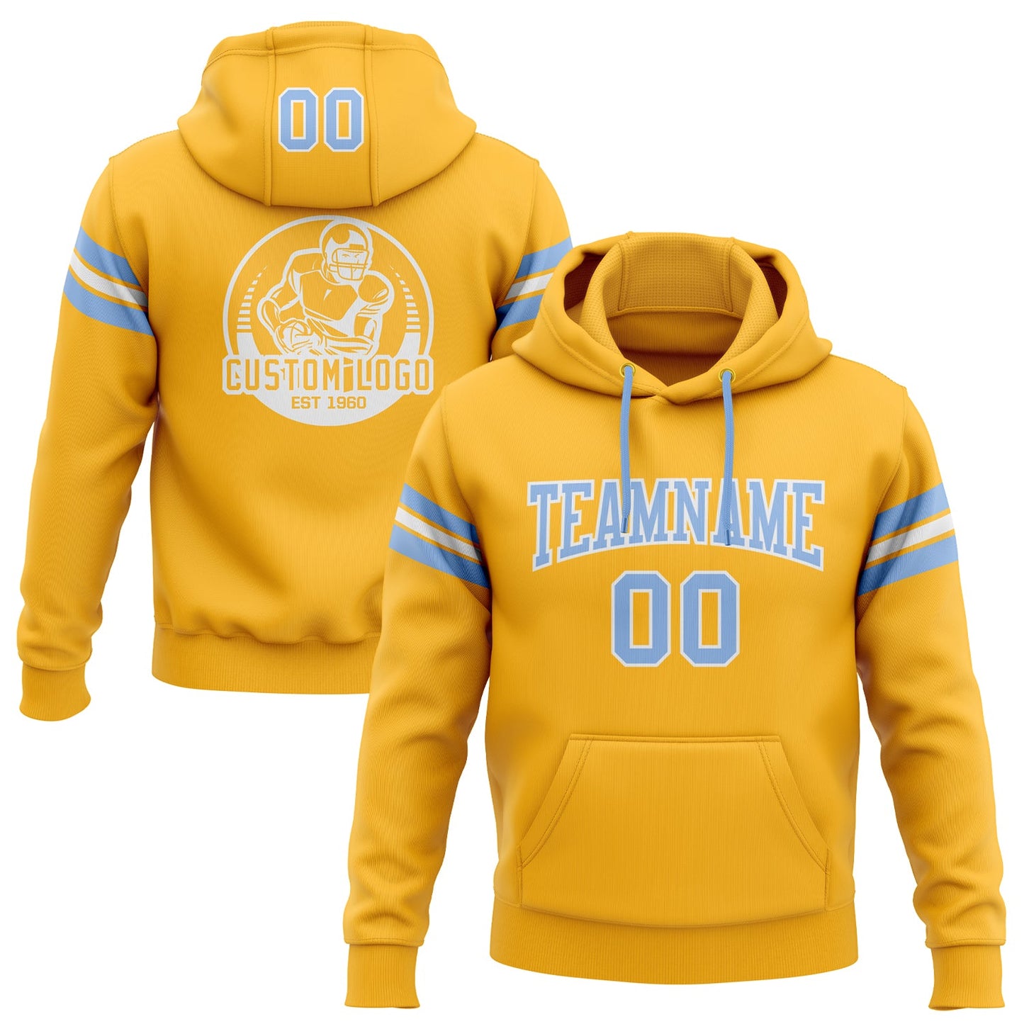 Custom Stitched Gold Light Blue-White Football Pullover Sweatshirt Hoodie - Main View