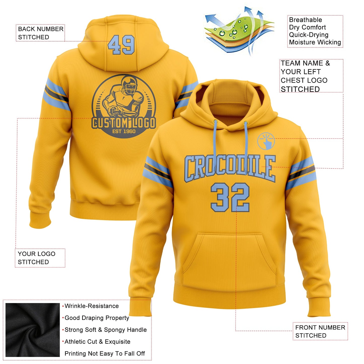 Custom Stitched Gold Light Blue-Steel Gray Football Pullover Sweatshirt Hoodie view 2
