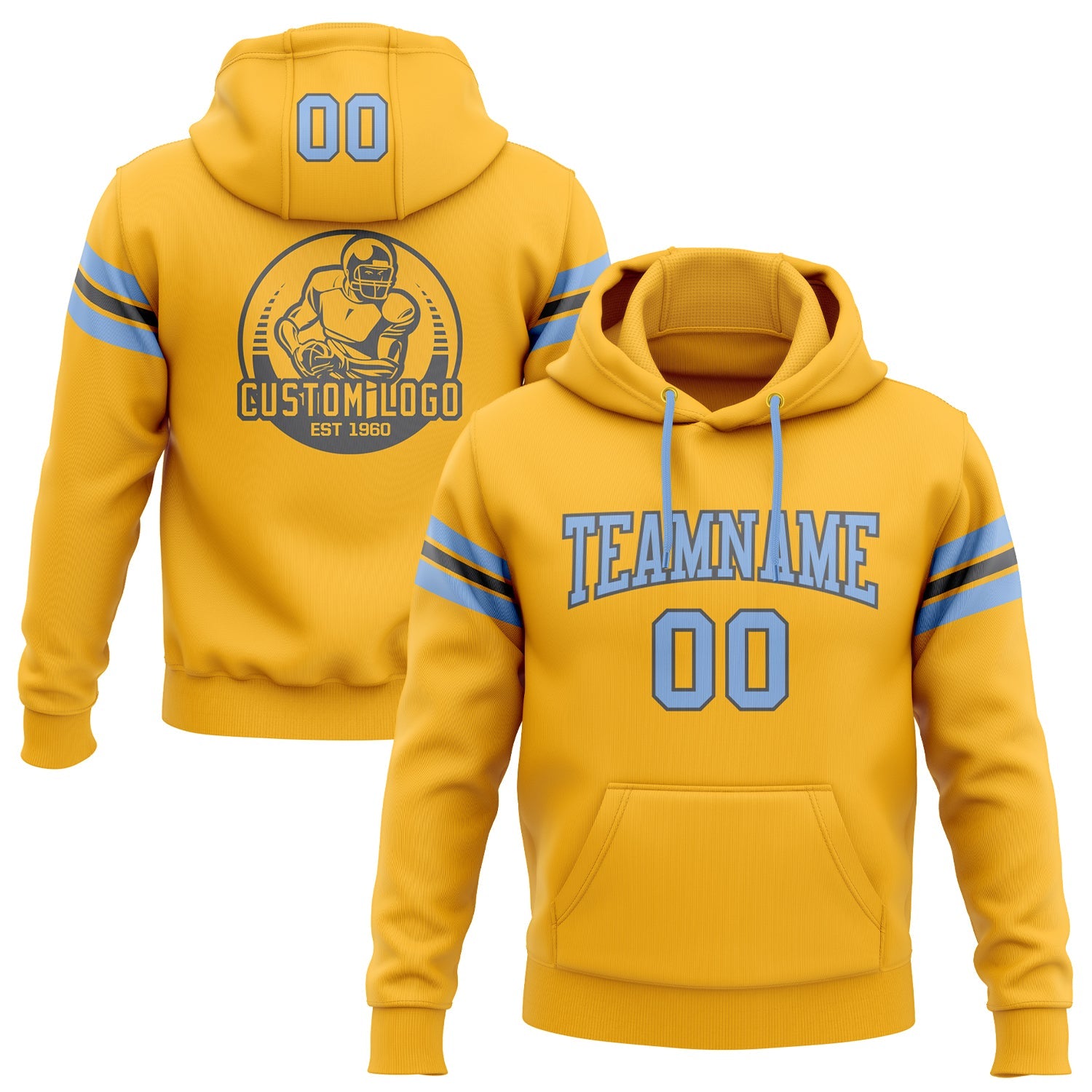 Custom Stitched Gold Light Blue-Steel Gray Football Pullover Sweatshirt Hoodie - Main View