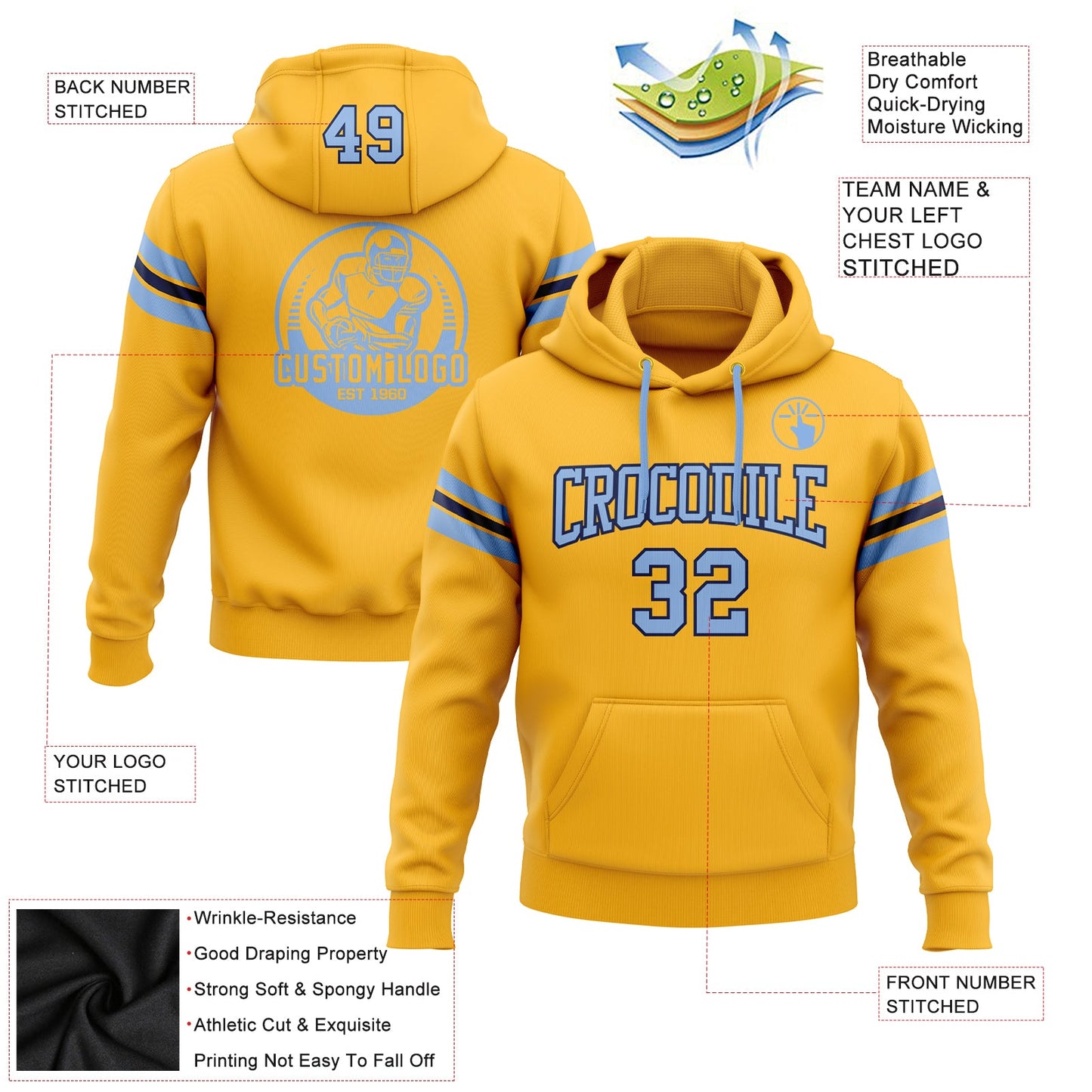 Custom Stitched Gold Light Blue-Navy Football Pullover Sweatshirt Hoodie view 2