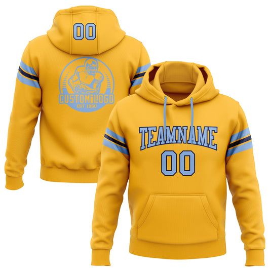 Custom Stitched Gold Light Blue-Navy Football Pullover Sweatshirt Hoodie - Main View