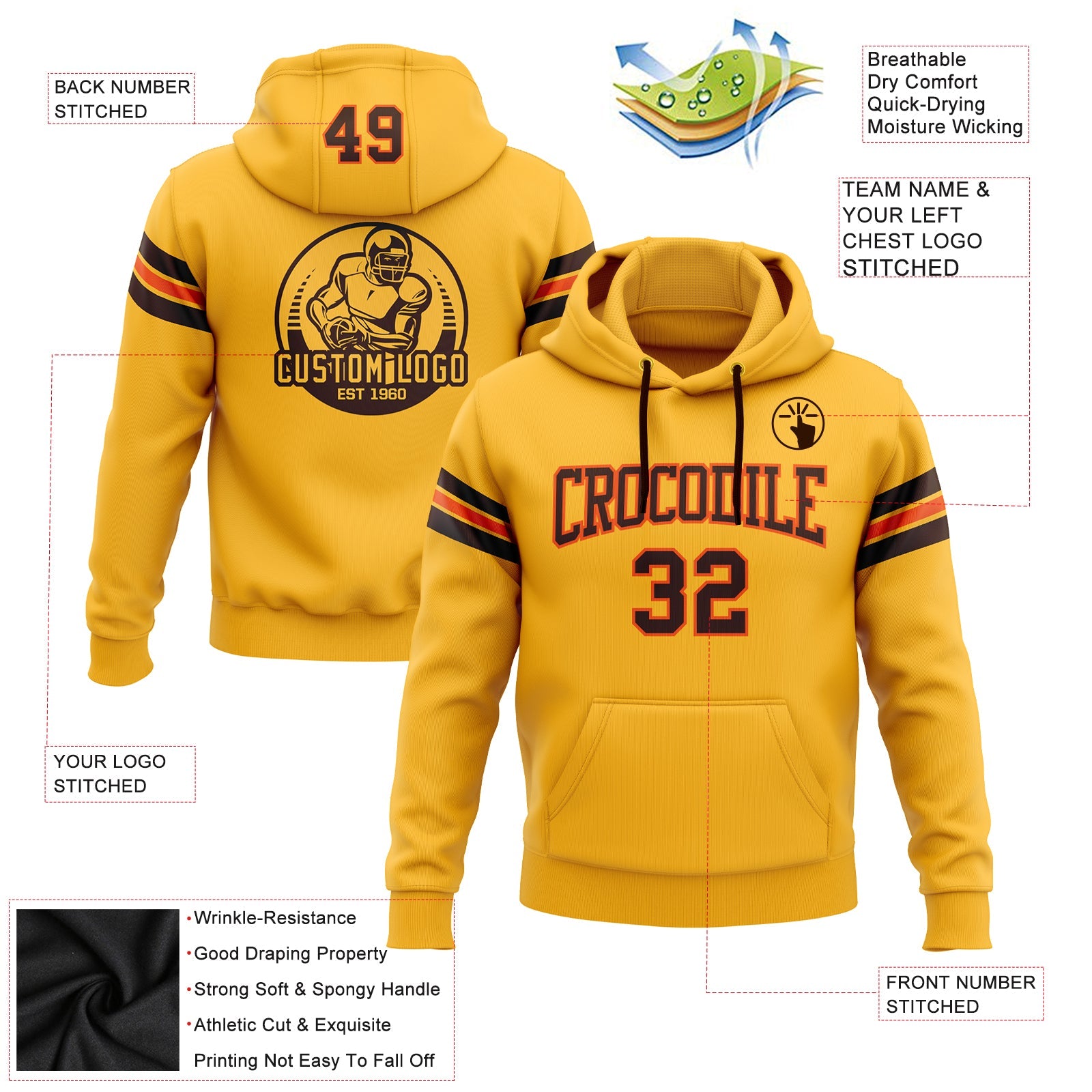 Custom Stitched Gold Brown-Orange Football Pullover Sweatshirt Hoodie view 2