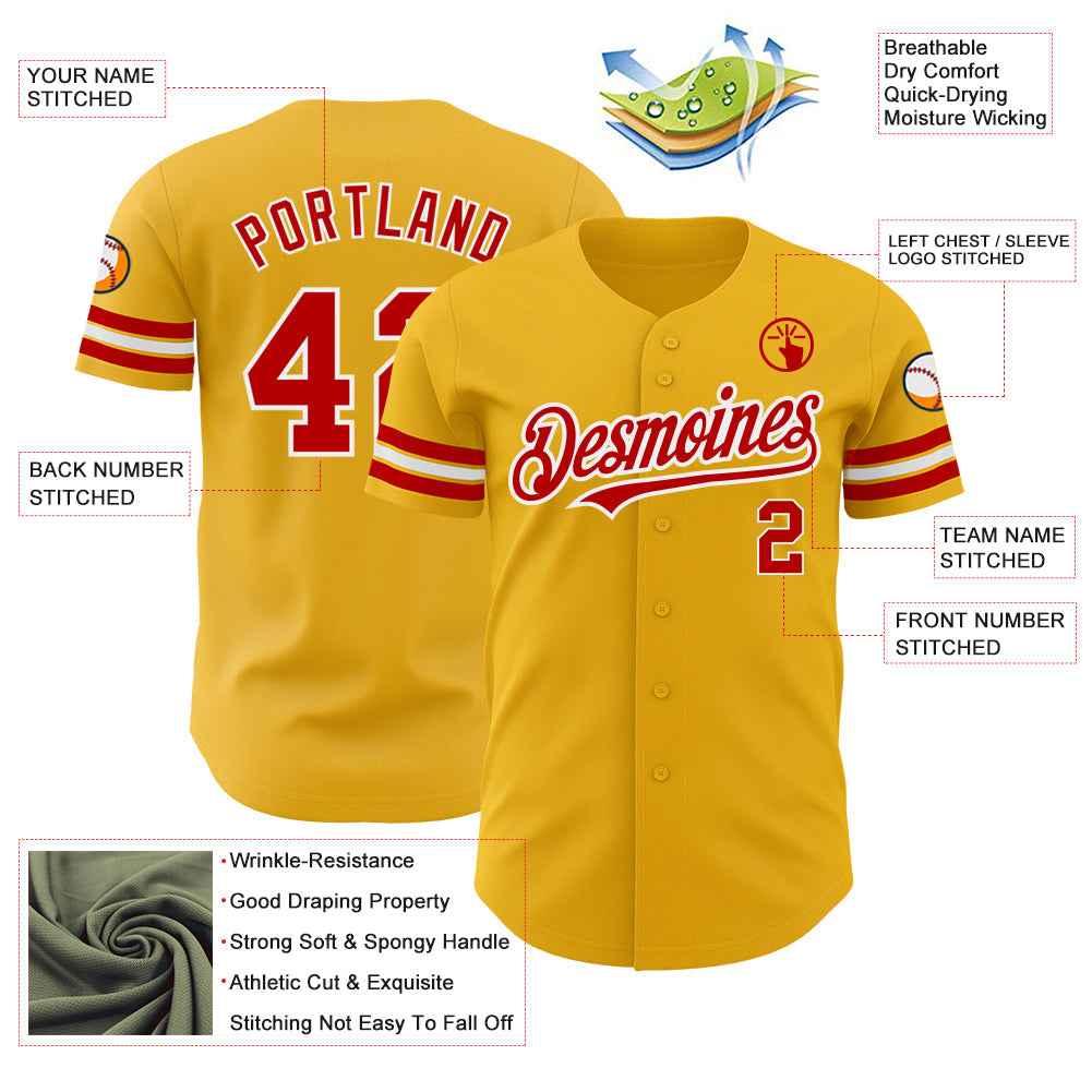 Custom Gold Red-White Authentic Baseball Jersey view 3