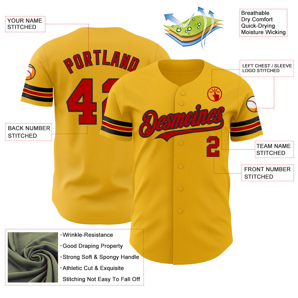 Custom Gold Red-Black Authentic Baseball Jersey view 3