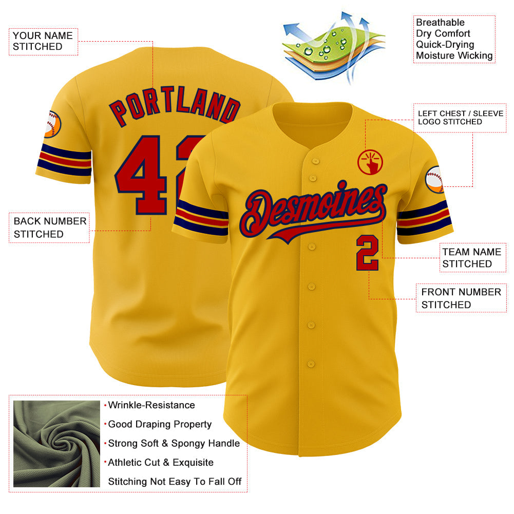 Custom Gold Red-Navy Authentic Baseball Jersey view 3
