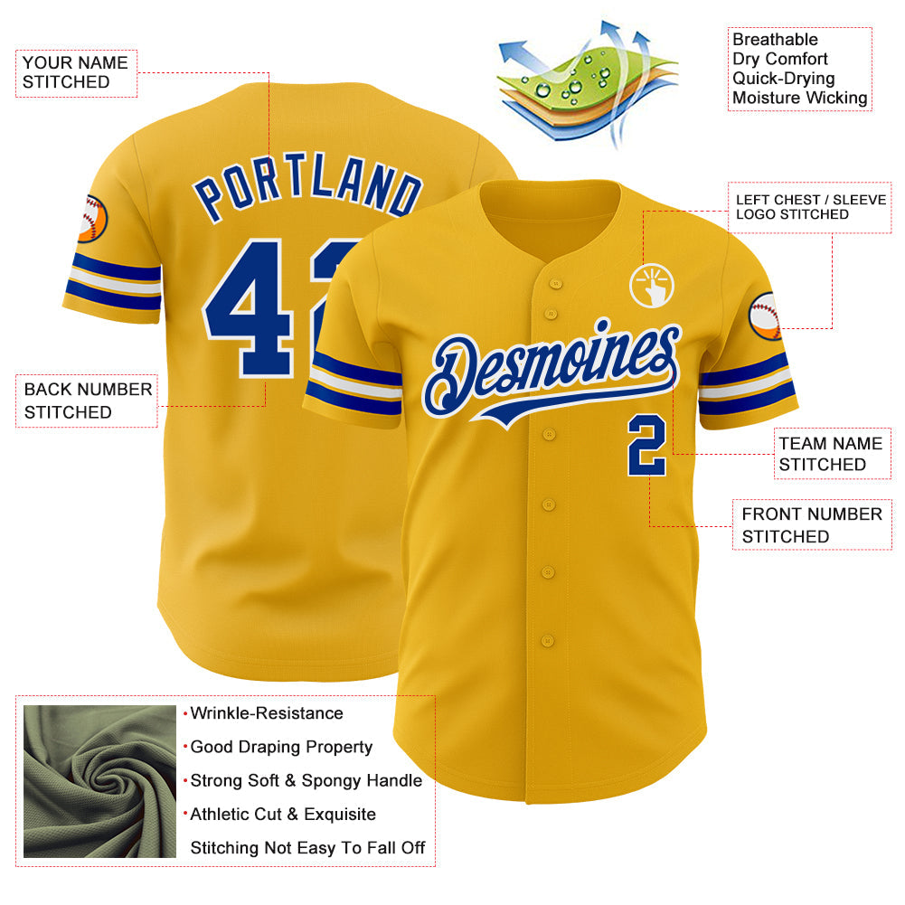 Custom Gold Royal-White Authentic Baseball Jersey view 3