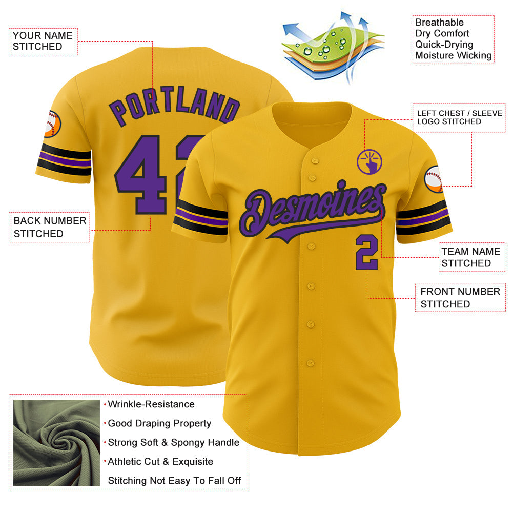 Custom Gold Purple-Black Authentic Baseball Jersey view 3