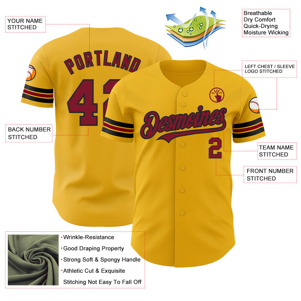 Custom Gold Crimson-Black Authentic Baseball Jersey view 3