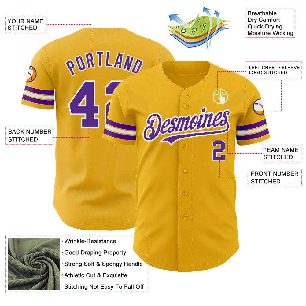 Custom Gold Purple-White Authentic Baseball Jersey view 3