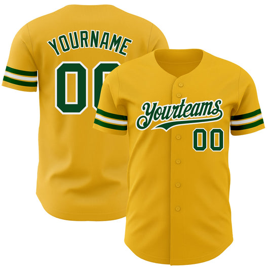 Custom Gold Green-White Authentic Baseball Jersey - Main View
