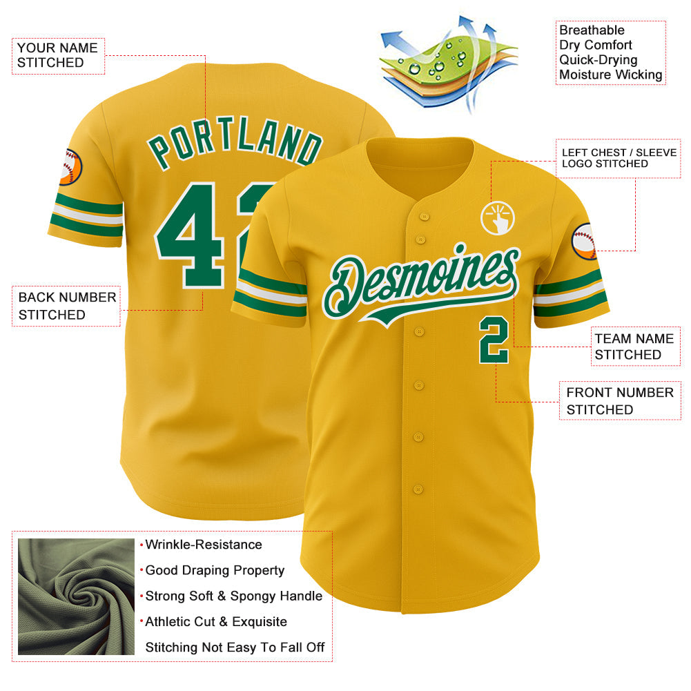 Custom Gold Kelly Green-White Authentic Baseball Jersey view 3