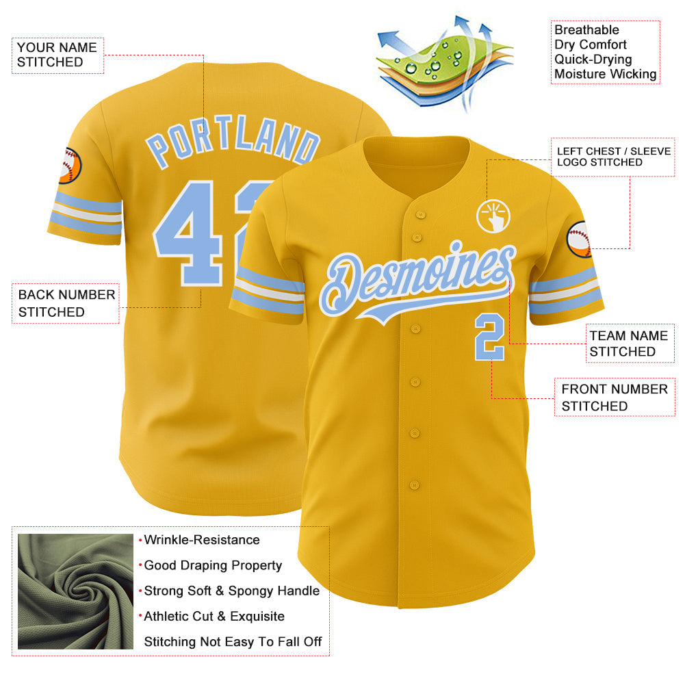 Custom Gold Light Blue-White Authentic Baseball Jersey view 3