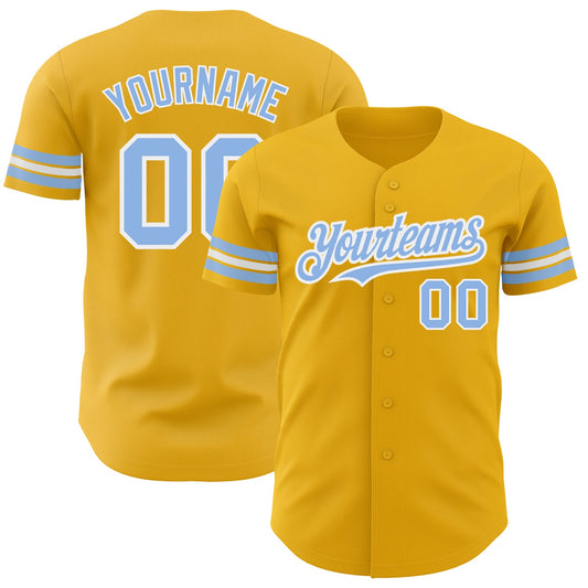 Custom Gold Light Blue-White Authentic Baseball Jersey - Main View
