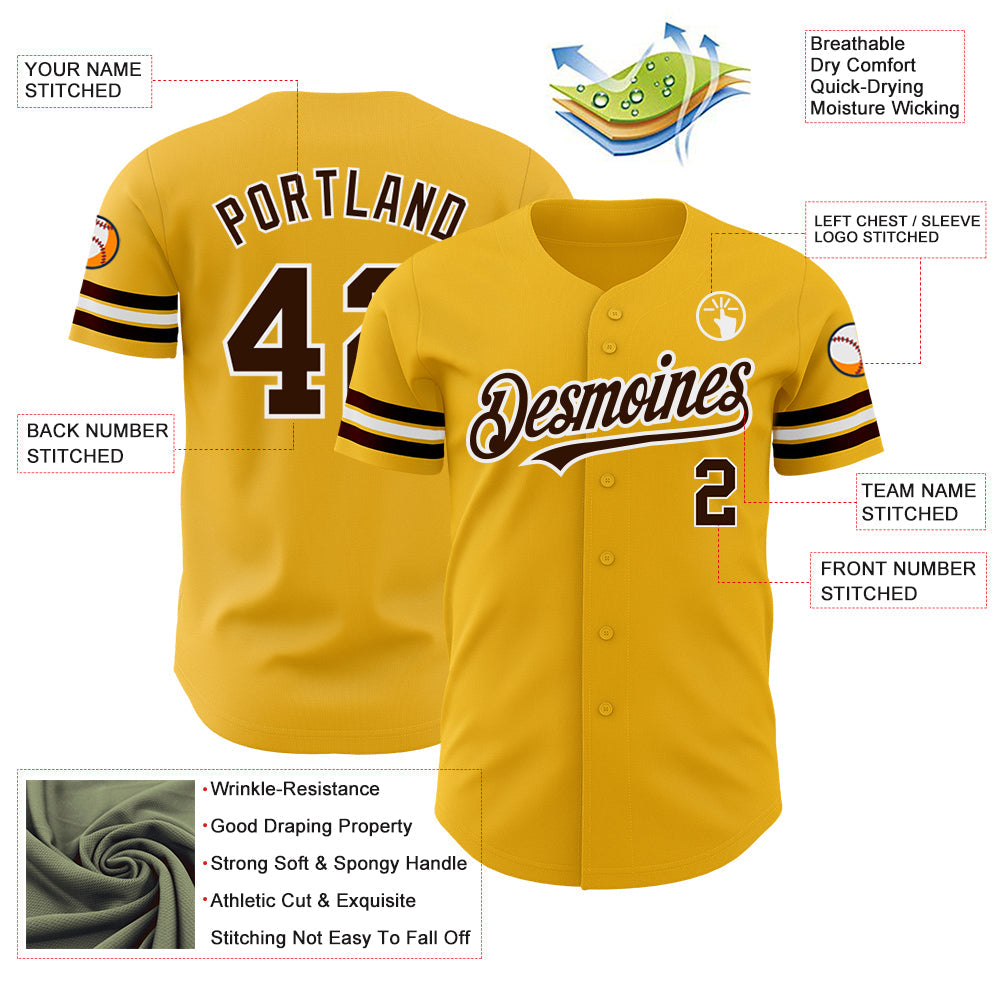 Custom Gold Brown-White Authentic Baseball Jersey view 3