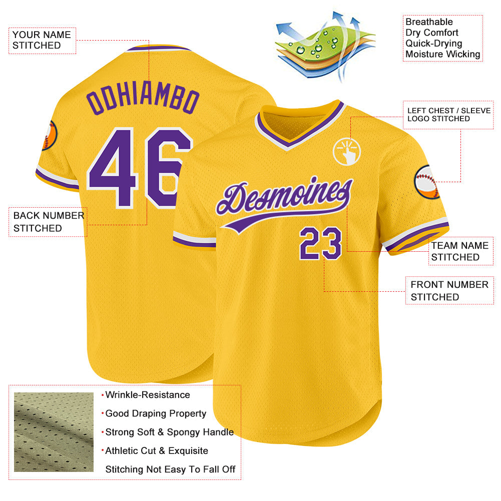 Custom Gold Purple-White Authentic Throwback Baseball Jersey view 3