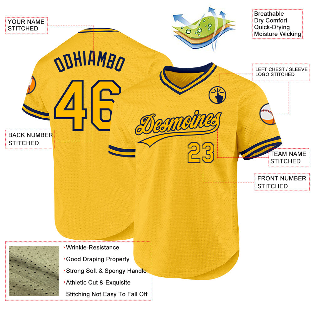 Custom Gold Navy Authentic Throwback Baseball Jersey view 3