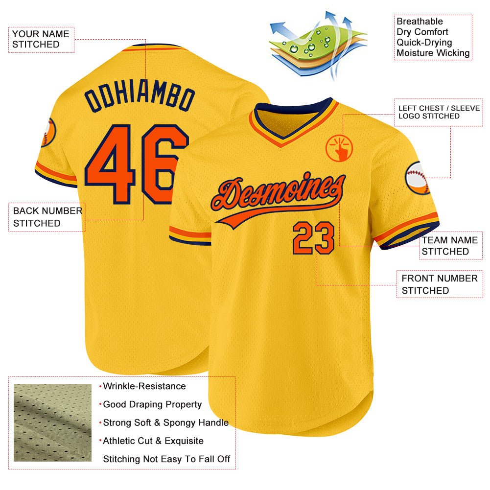 Custom Gold Orange-Navy Authentic Throwback Baseball Jersey view 3