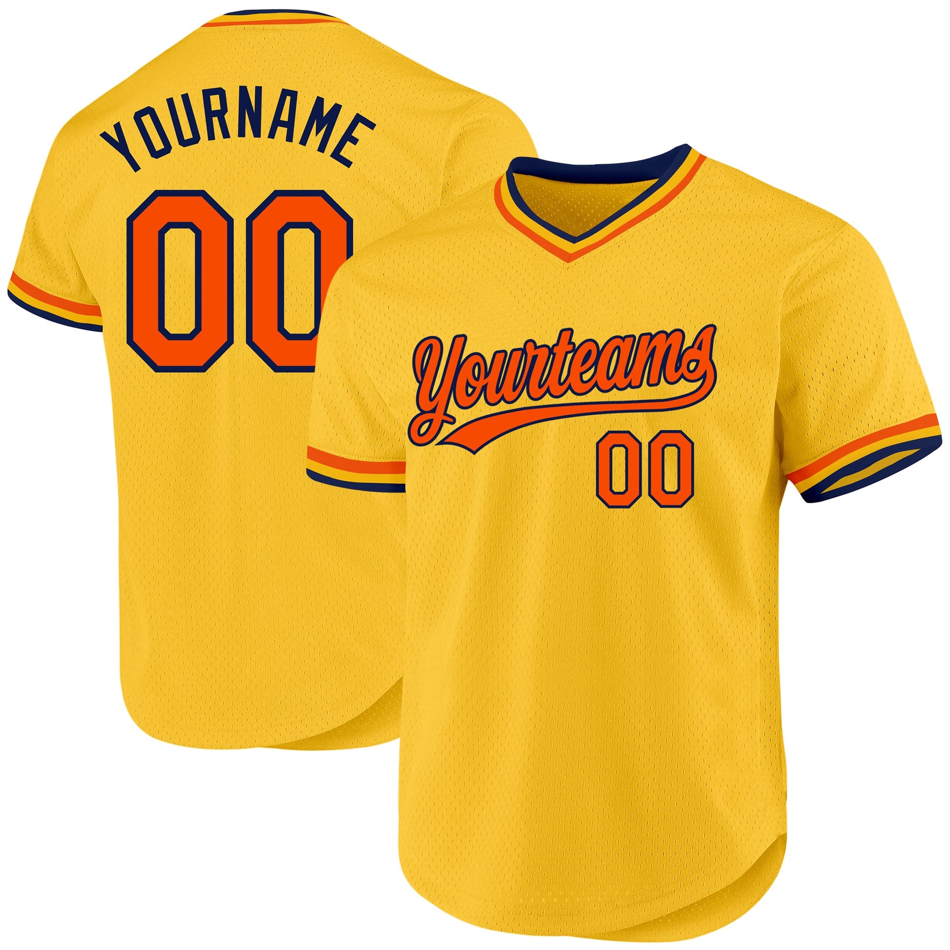 Custom Gold Orange-Navy Authentic Throwback Baseball Jersey - Main View
