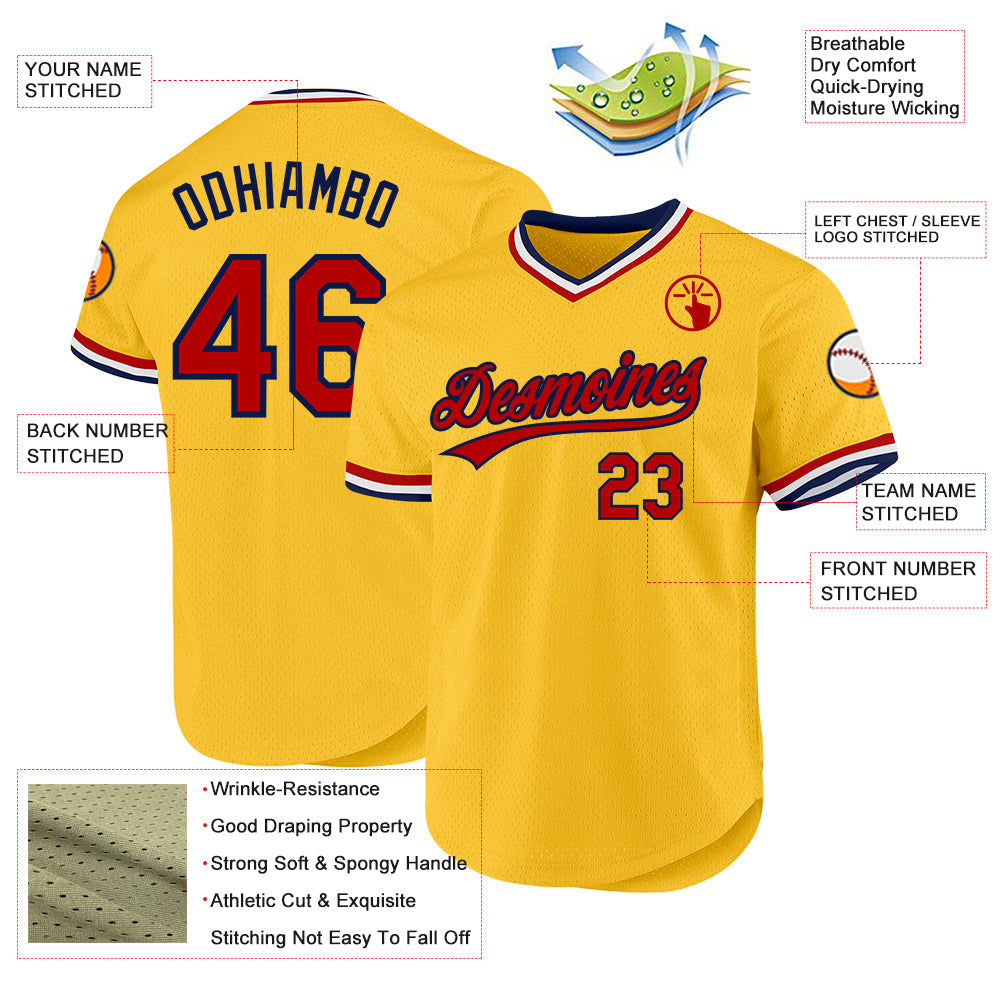 Custom Gold Red-Navy Authentic Throwback Baseball Jersey view 3