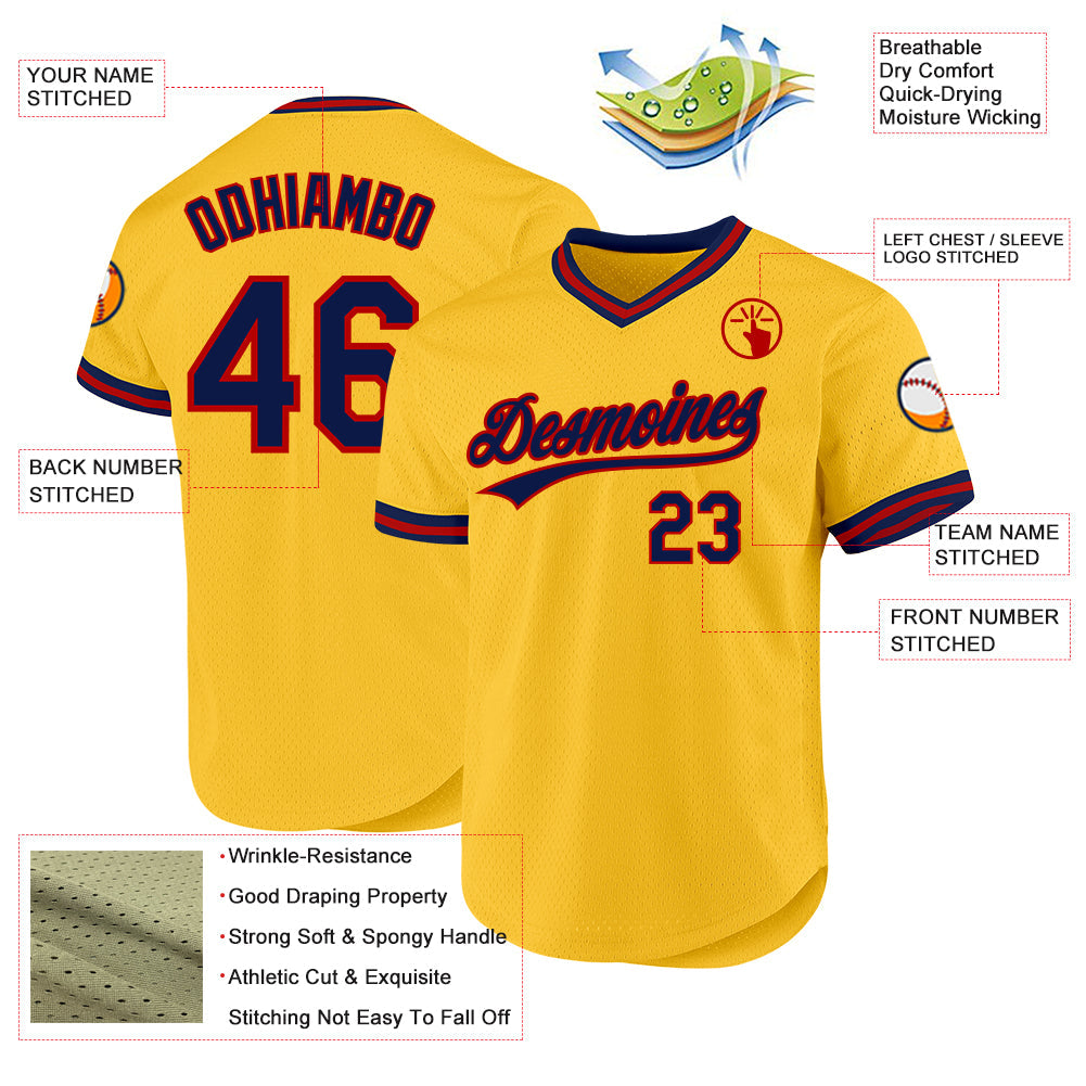 Custom Gold Navy-Red Authentic Throwback Baseball Jersey view 3