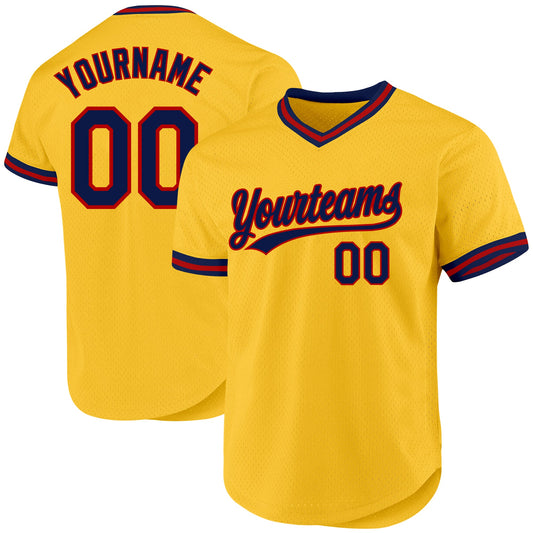 Custom Gold Navy-Red Authentic Throwback Baseball Jersey - Main View