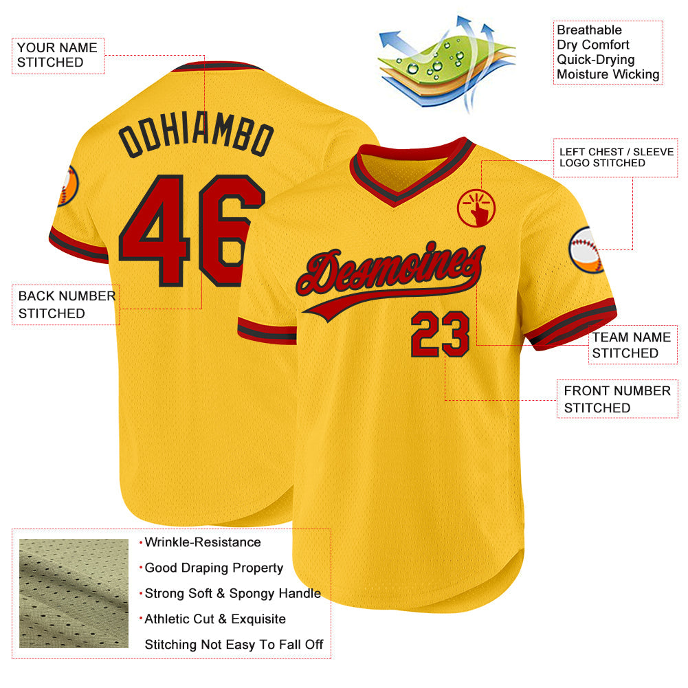Custom Gold Red-Black Authentic Throwback Baseball Jersey view 3