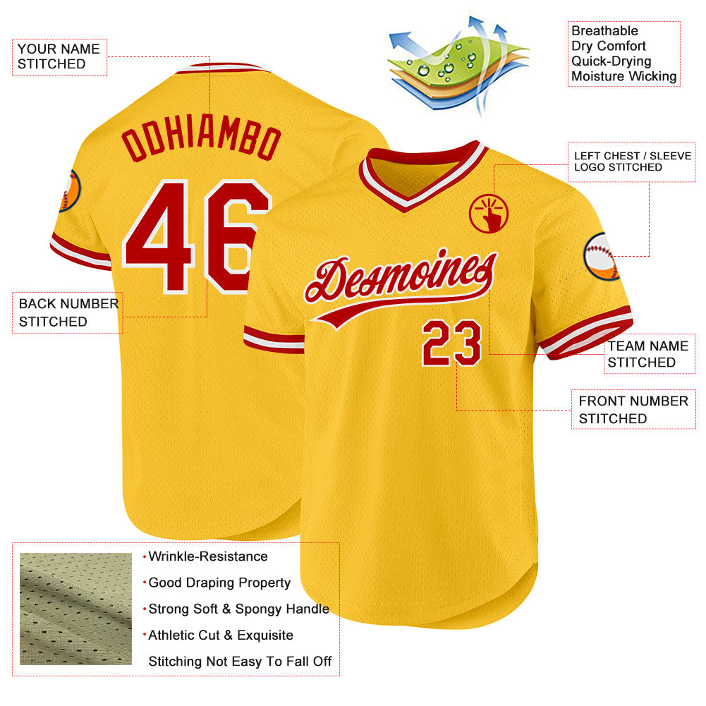 Custom Gold Red-White Authentic Throwback Baseball Jersey view 3