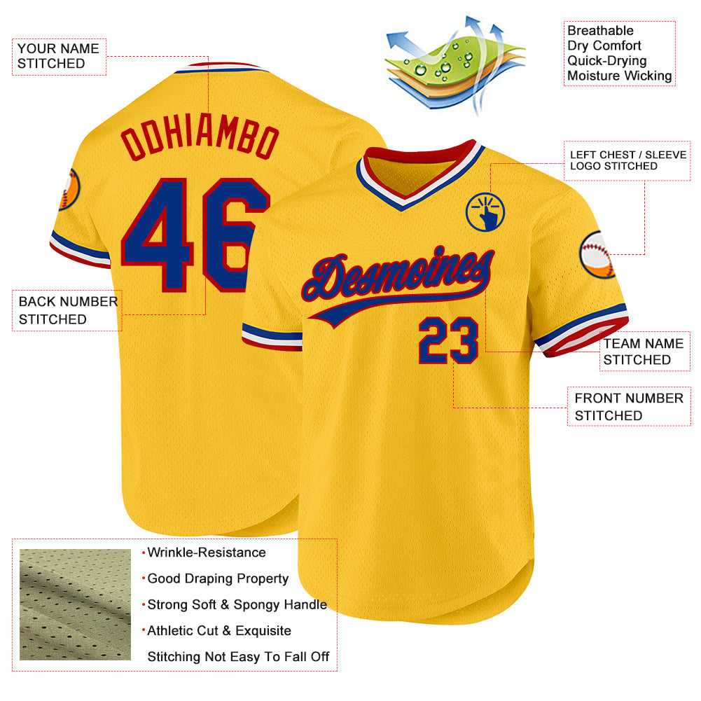 Custom Gold Royal-Red Authentic Throwback Baseball Jersey view 3