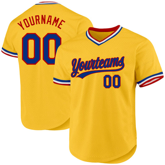 Custom Gold Royal-Red Authentic Throwback Baseball Jersey - Main View