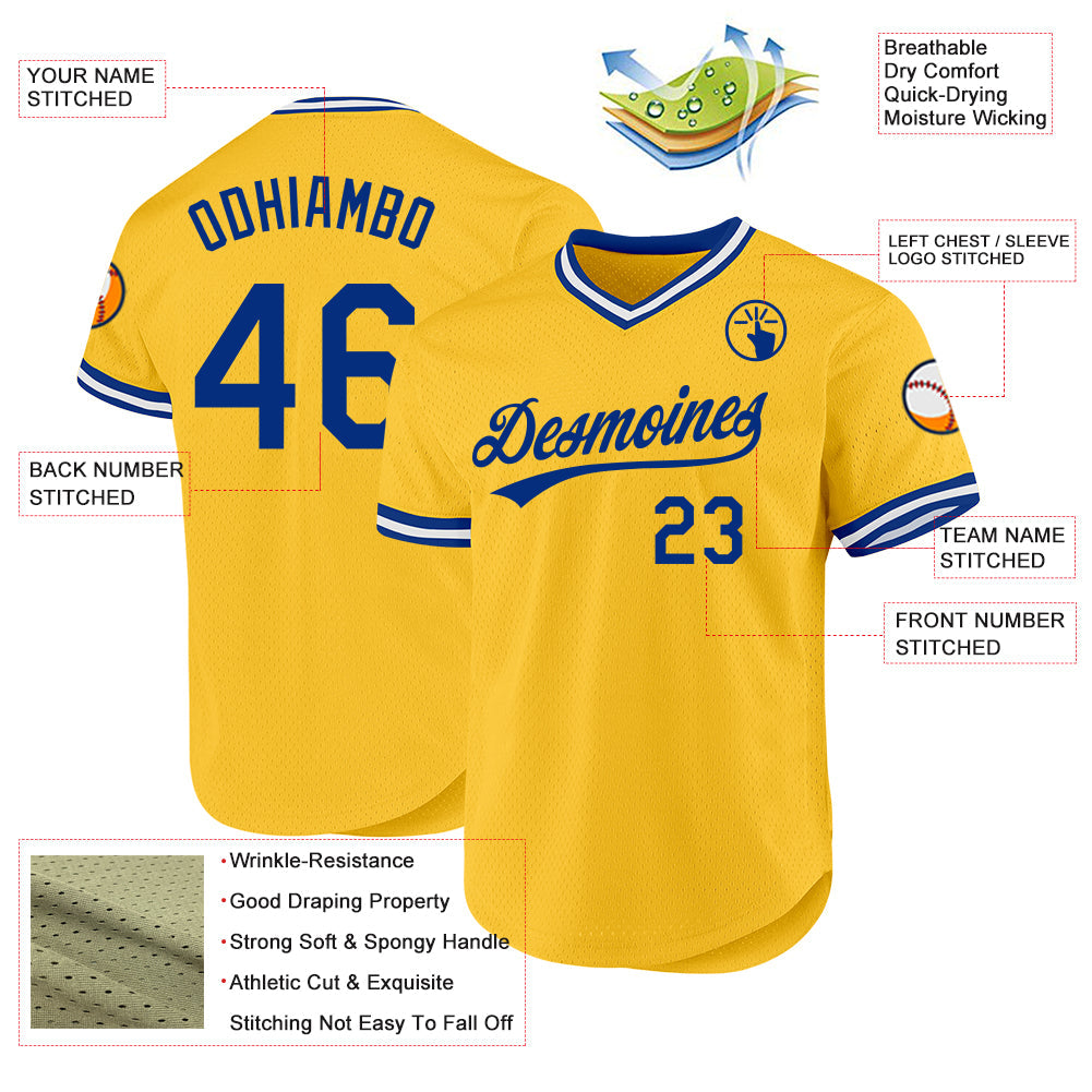 Custom Gold Royal-White Authentic Throwback Baseball Jersey view 3