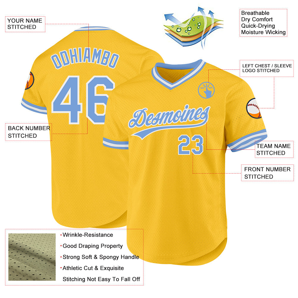 Custom Gold Light Blue-White Authentic Throwback Baseball Jersey view 3