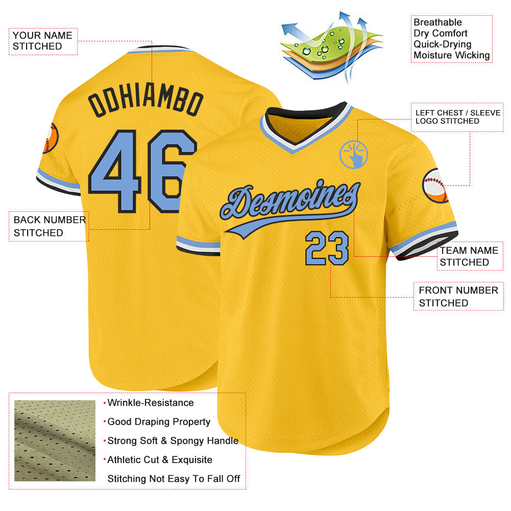 Custom Gold Light Blue-Black Authentic Throwback Baseball Jersey view 3