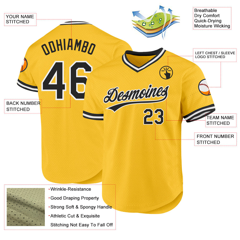 Custom Gold Black-White Authentic Throwback Baseball Jersey view 3