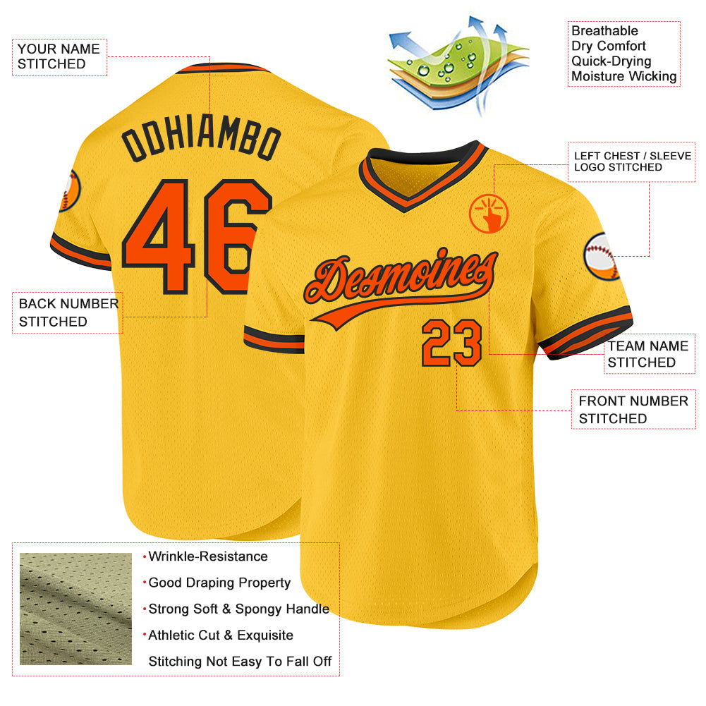 Custom Gold Orange-Black Authentic Throwback Baseball Jersey view 3