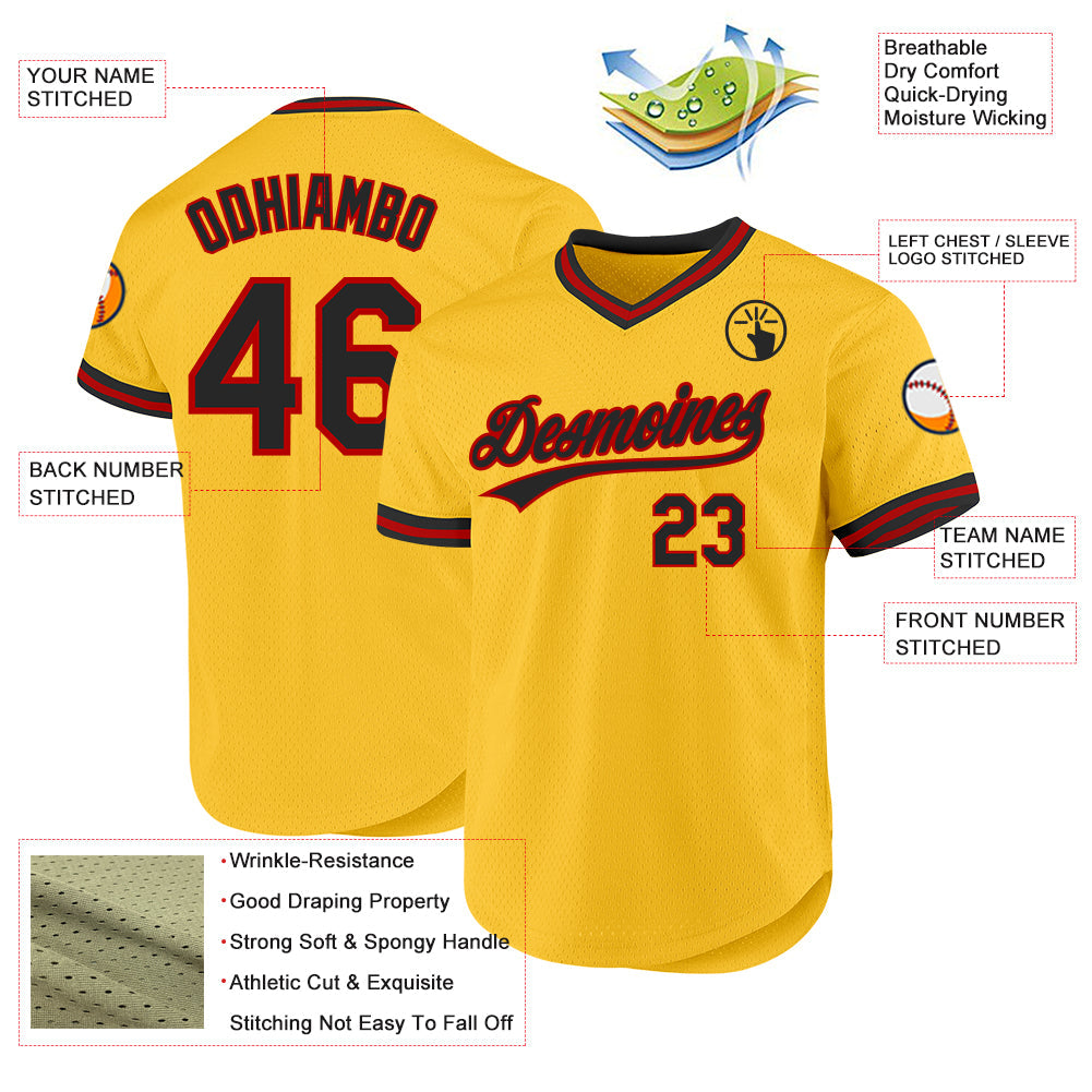 Custom Gold Black-Red Authentic Throwback Baseball Jersey view 3