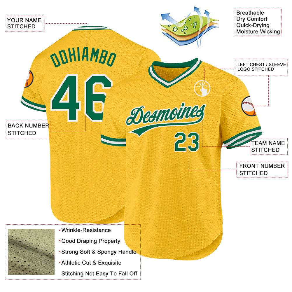 Custom Gold Kelly Green-White Authentic Throwback Baseball Jersey view 3