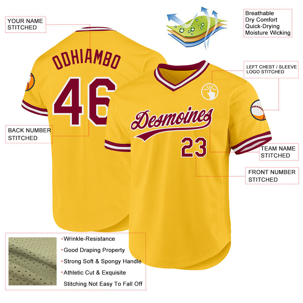 Custom Gold Maroon-White Authentic Throwback Baseball Jersey view 3