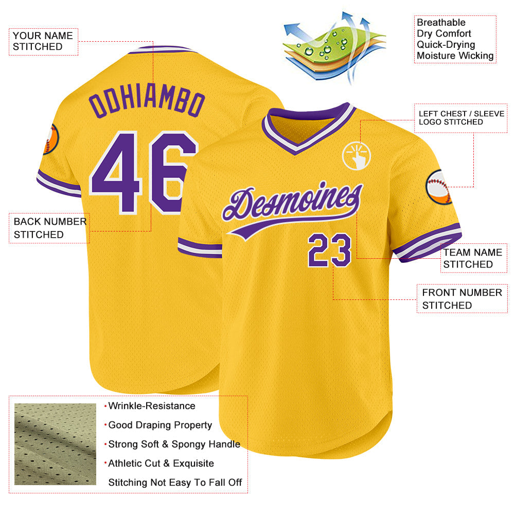 Custom Gold Purple-White Authentic Throwback Baseball Jersey view 3