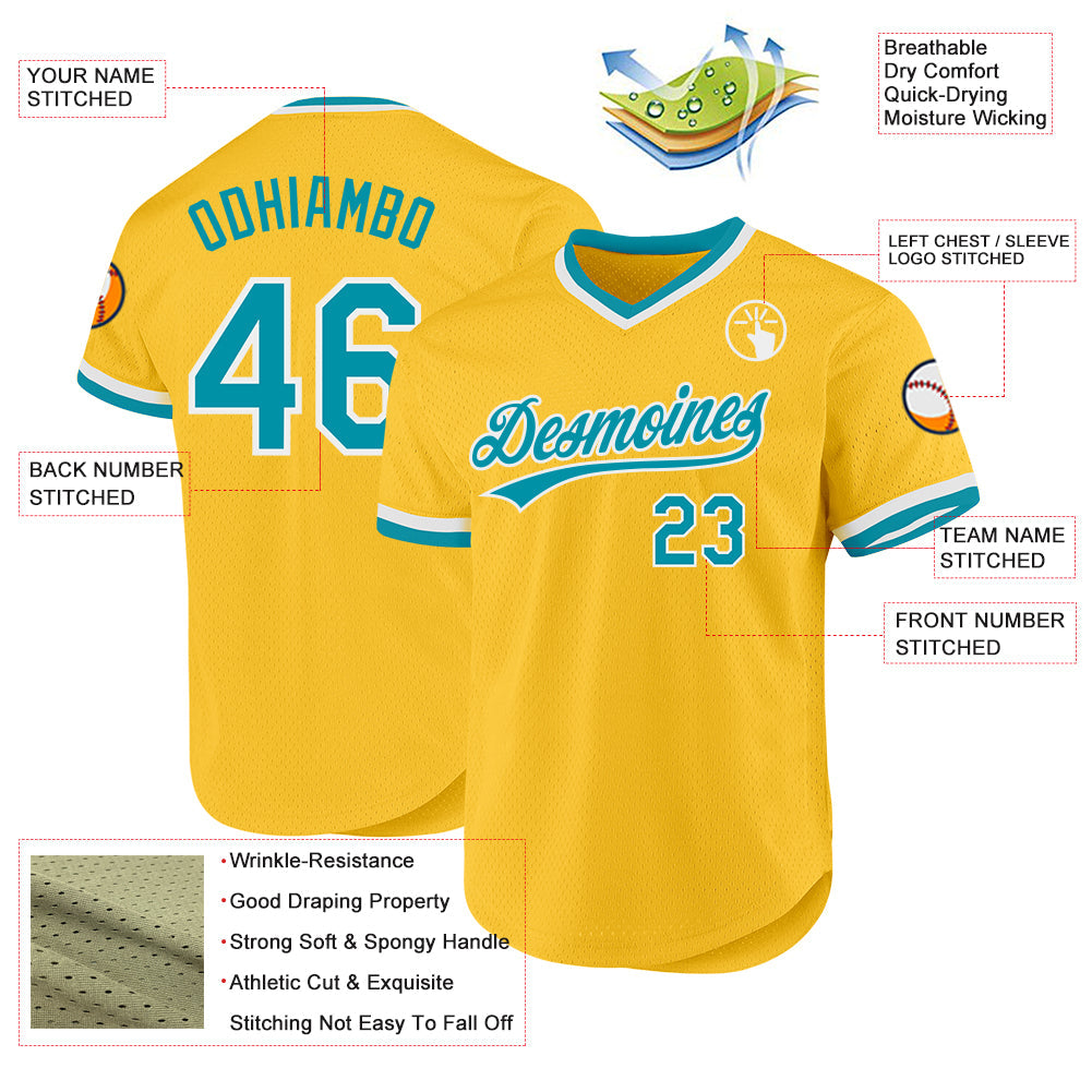 Custom Gold Teal-White Authentic Throwback Baseball Jersey view 3