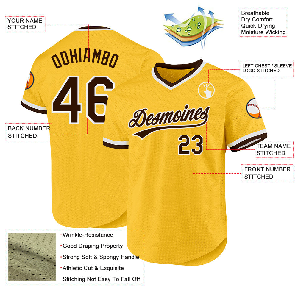 Custom Gold Brown-White Authentic Throwback Baseball Jersey view 3